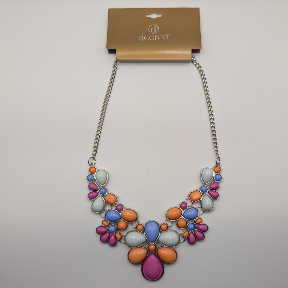 Decree Multicolor Statement Necklace Silver Tone Pink Orange Blue Floral NWT